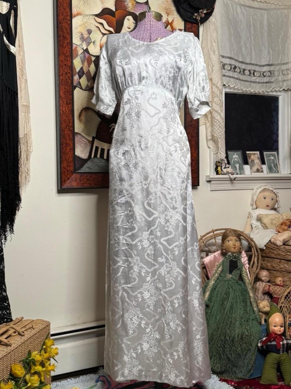 1930s 1940s Silver Satin Floral Jacquard ribbon print Maxi Dress